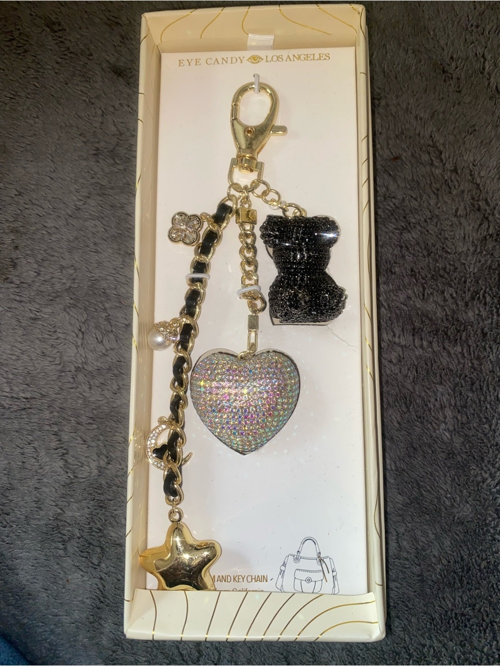 EYECANDY Black & Iridescent Heart Charm Keychain